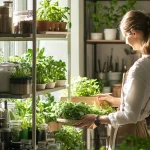 Woman tending to an indoor herb garden with shelves filled with potted green plants.