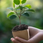 A small green sapling in an eco-friendly biodegradable pot held in a person's hand.
