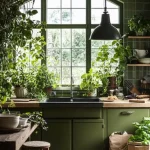 A cozy green kitchen filled with lush indoor plants and herbs near a large window.